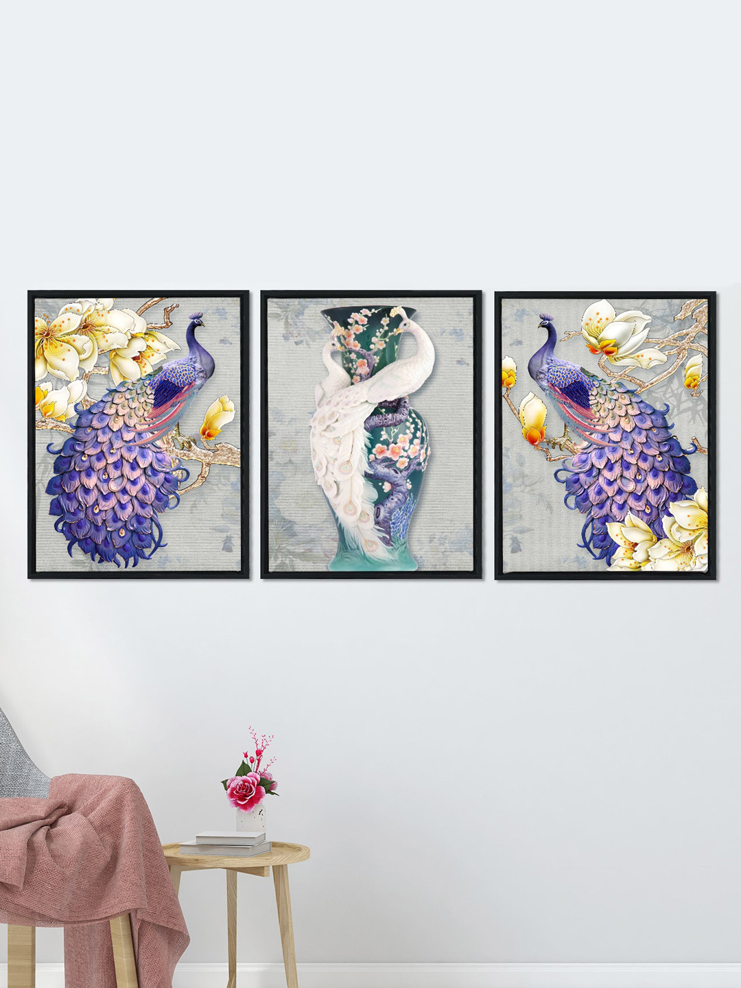 Art Street Set Of 3 Grey & Blue Peacock Framed Canvas Wall Art