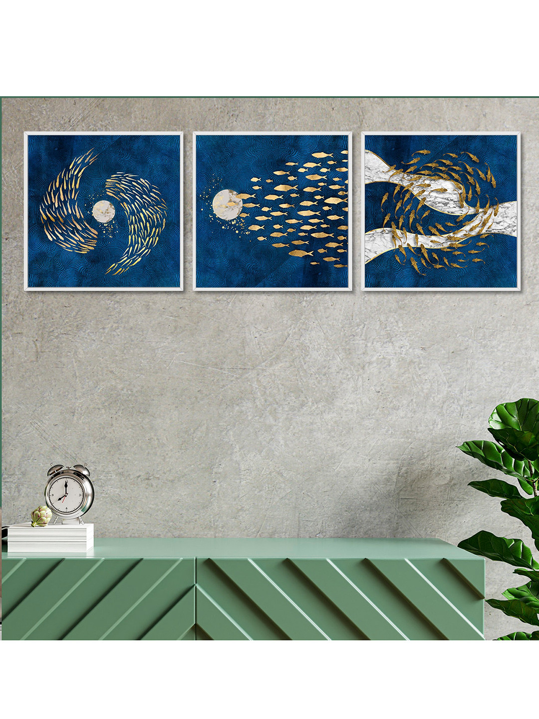 Art Street Set Of 3 Blue & Gold-Colored Abstract Painting Wall Art