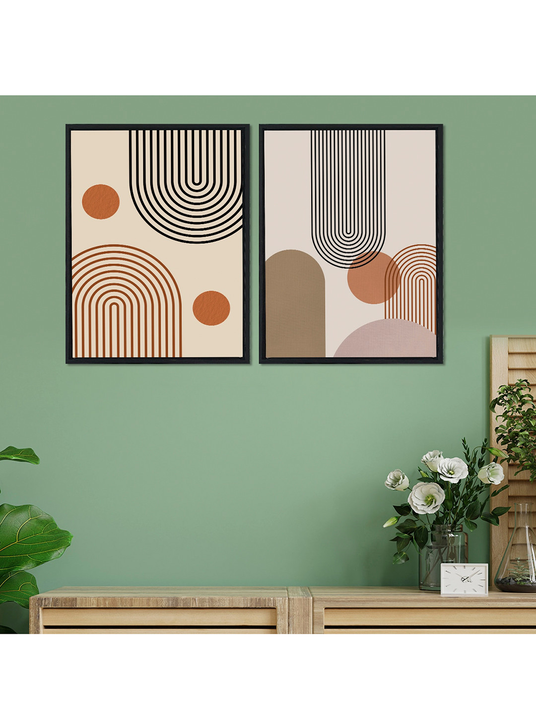 Art Street Set Of 2 Beige & Black Abstract Theme Hand-Painted Framed Wall Arts