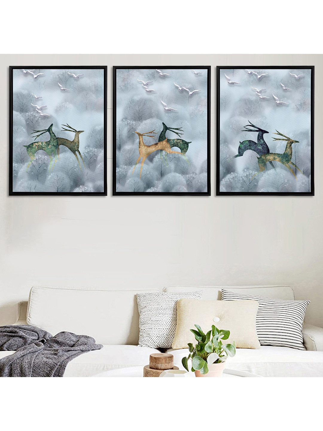Art Street Unisex Set Of 3 Grey & Brown Running Deer Theme Framed Canvas Wall Art