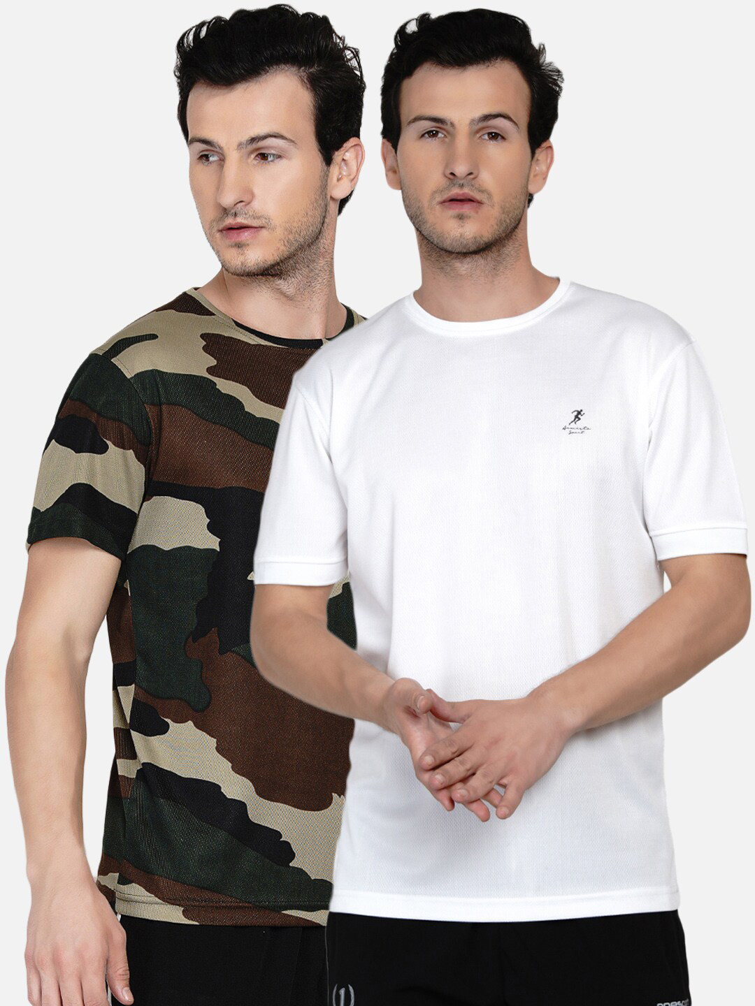 ARMISTO Pack Of 2 Men White & Green Camouflage Dri-FIT Training or Gym T-shirts