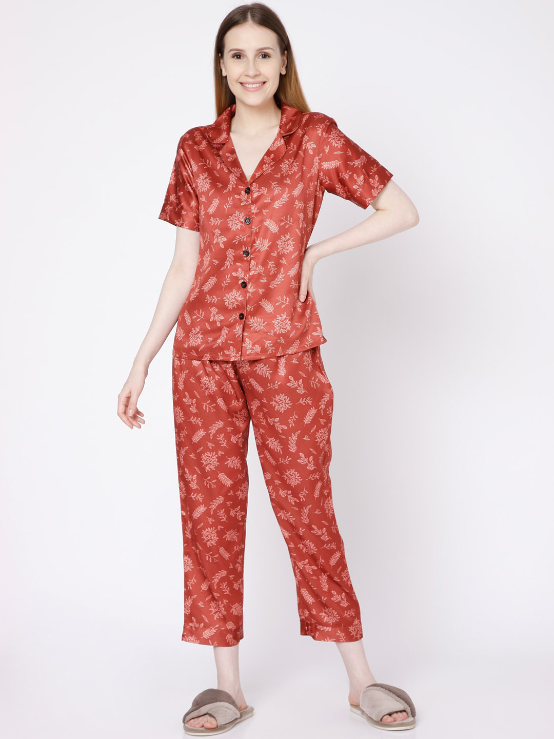 Smarty Pants Women Brown & White Printed Night suit