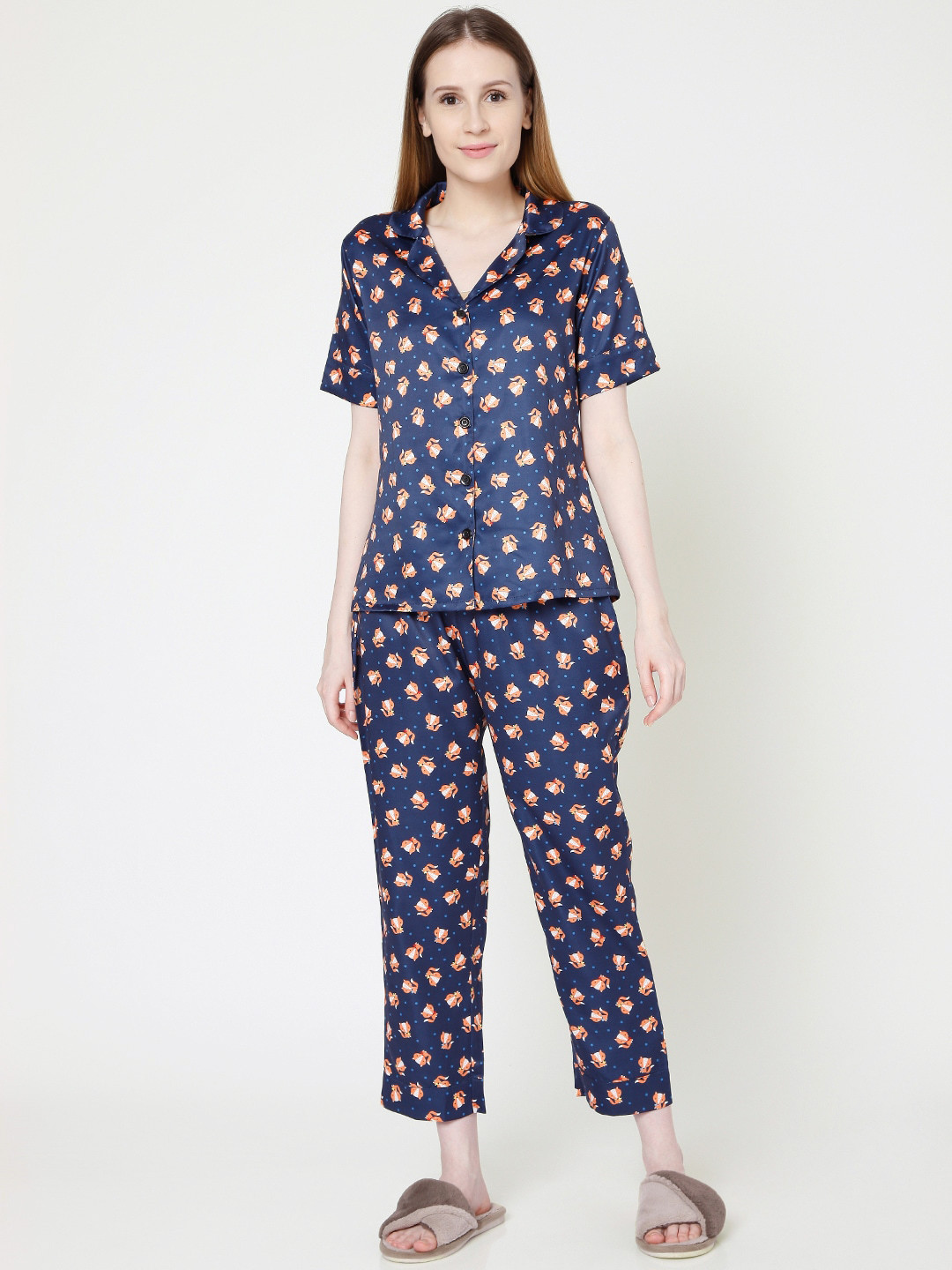 Smarty Pants Women Navy Blue & Brown Printed Night suit