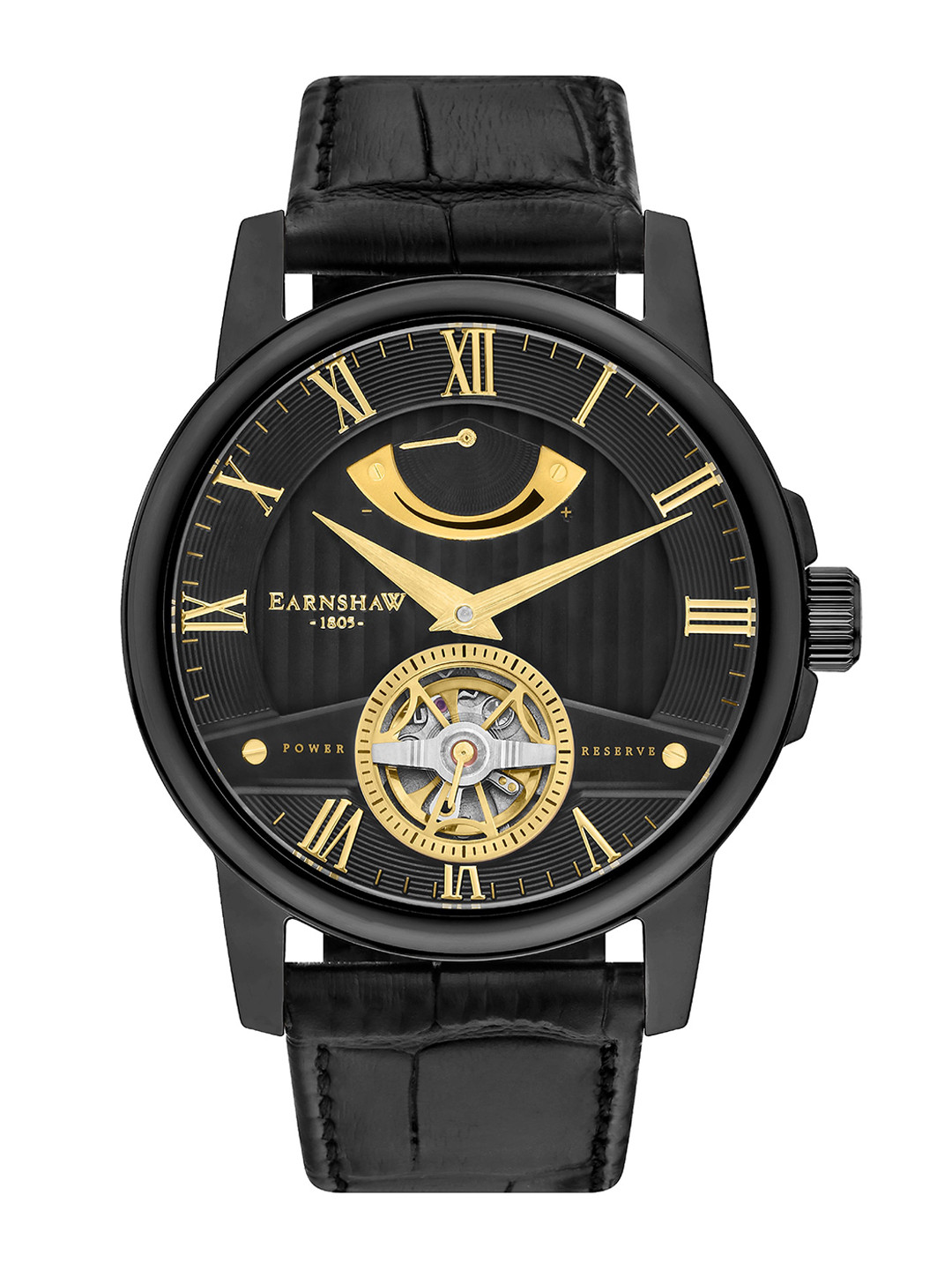 EARNSHAW Men Black Skeleton Dial & Black Leather Straps Analogue Watch ES-8081-05