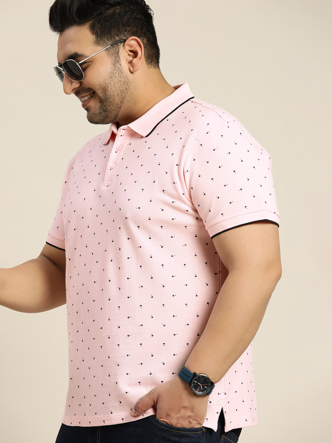 Sztori Plus Size Men Pink  Micro Ditsy Print Polo Collar T-shirt