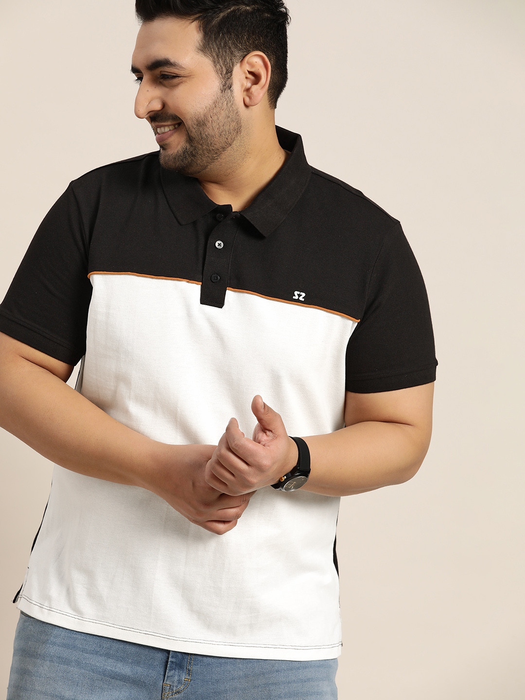 Sztori Men Plus Size White & Black Pure Cotton Colourblocked Polo Collar T-shirt