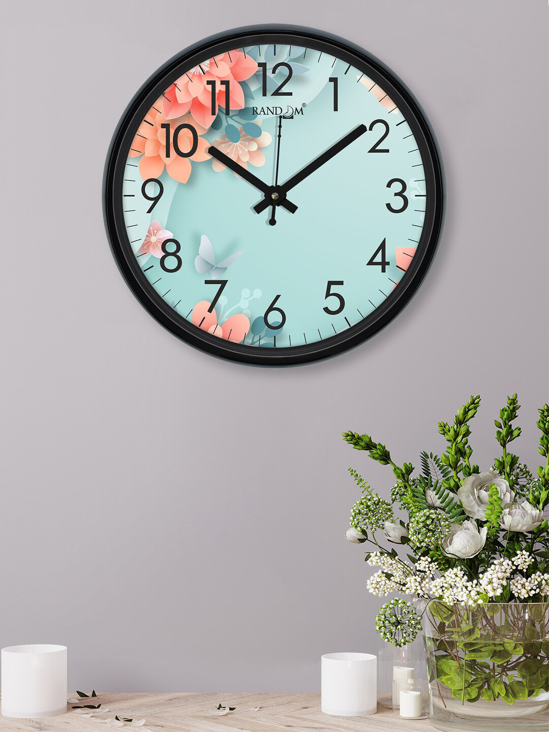 RANDOM Black & Green Printed Full Of Flowers Plastic Contemporary Wall Clock