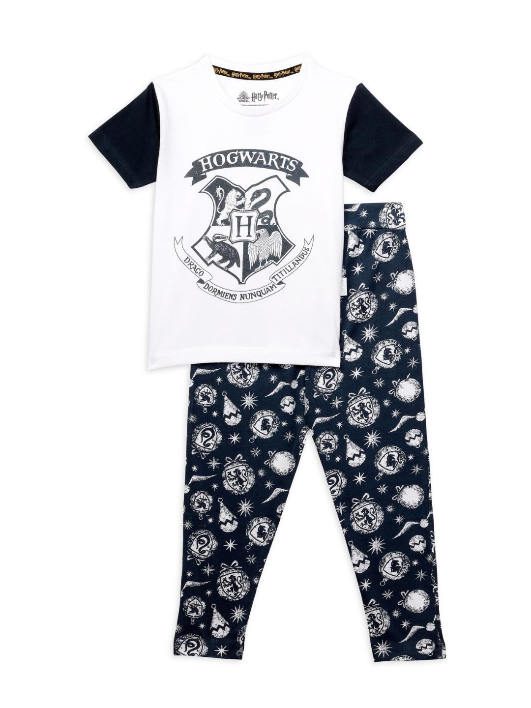 Nap Chief Kids White & Blue Cotton Harry Potter - Hogwarts Printed Night Suit