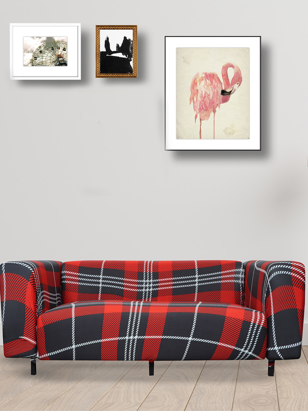 HOUSE OF QUIRK Red & Black Checked 4-Seater Stretchable Sofa Cover