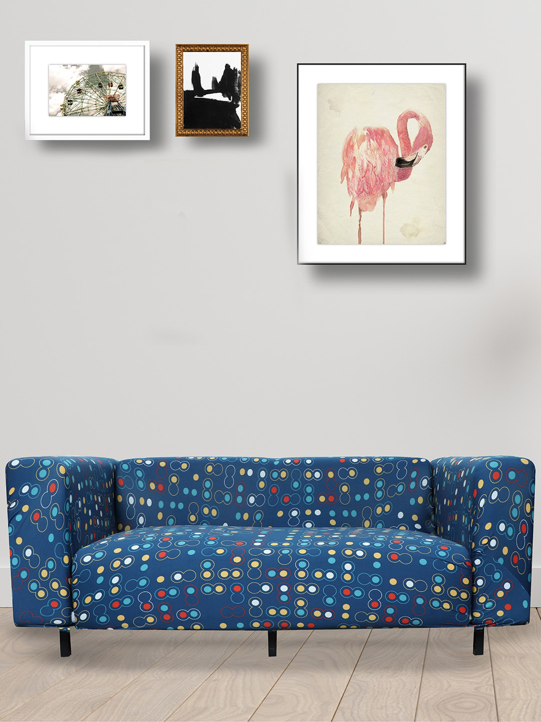 HOUSE OF QUIRK Blue & Yellow Polka Dot Printed Triple Seater Sofa Cover