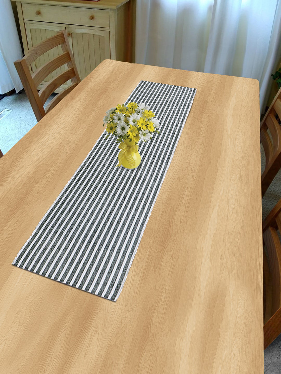 HOKIPO Grey Cotton Striped 4 Seater Table Runner
