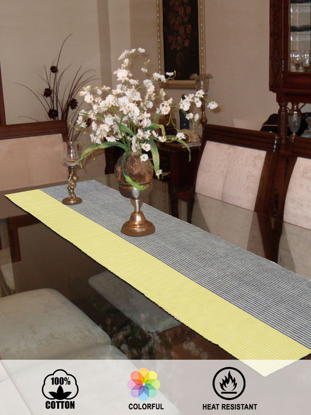HOKIPO Yellow Cotton Striped 4 Seater Table Runner