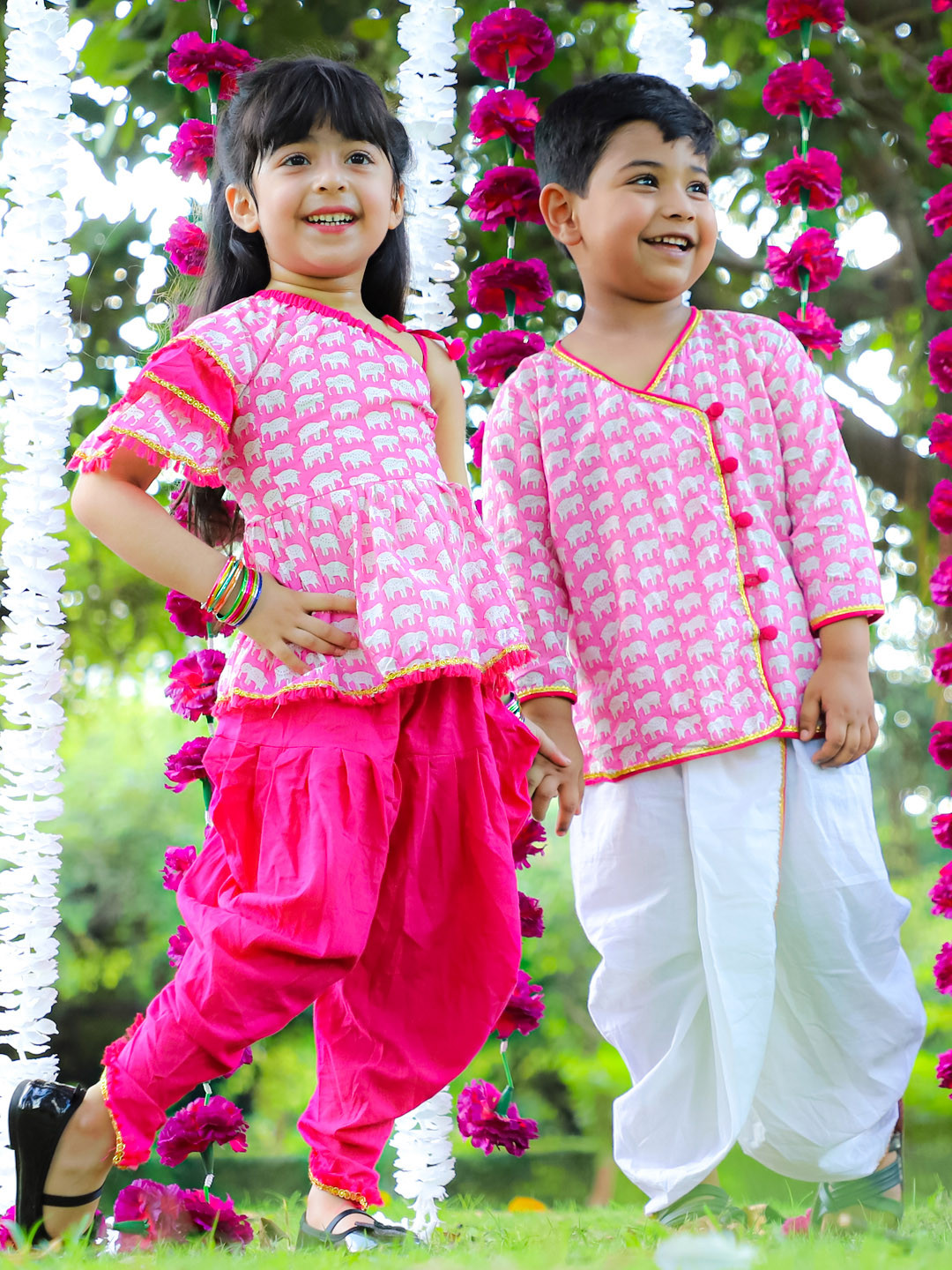 KID1 Boys Pink & White Printed Angrakha Pure Cotton Kurta with Dhoti Pants