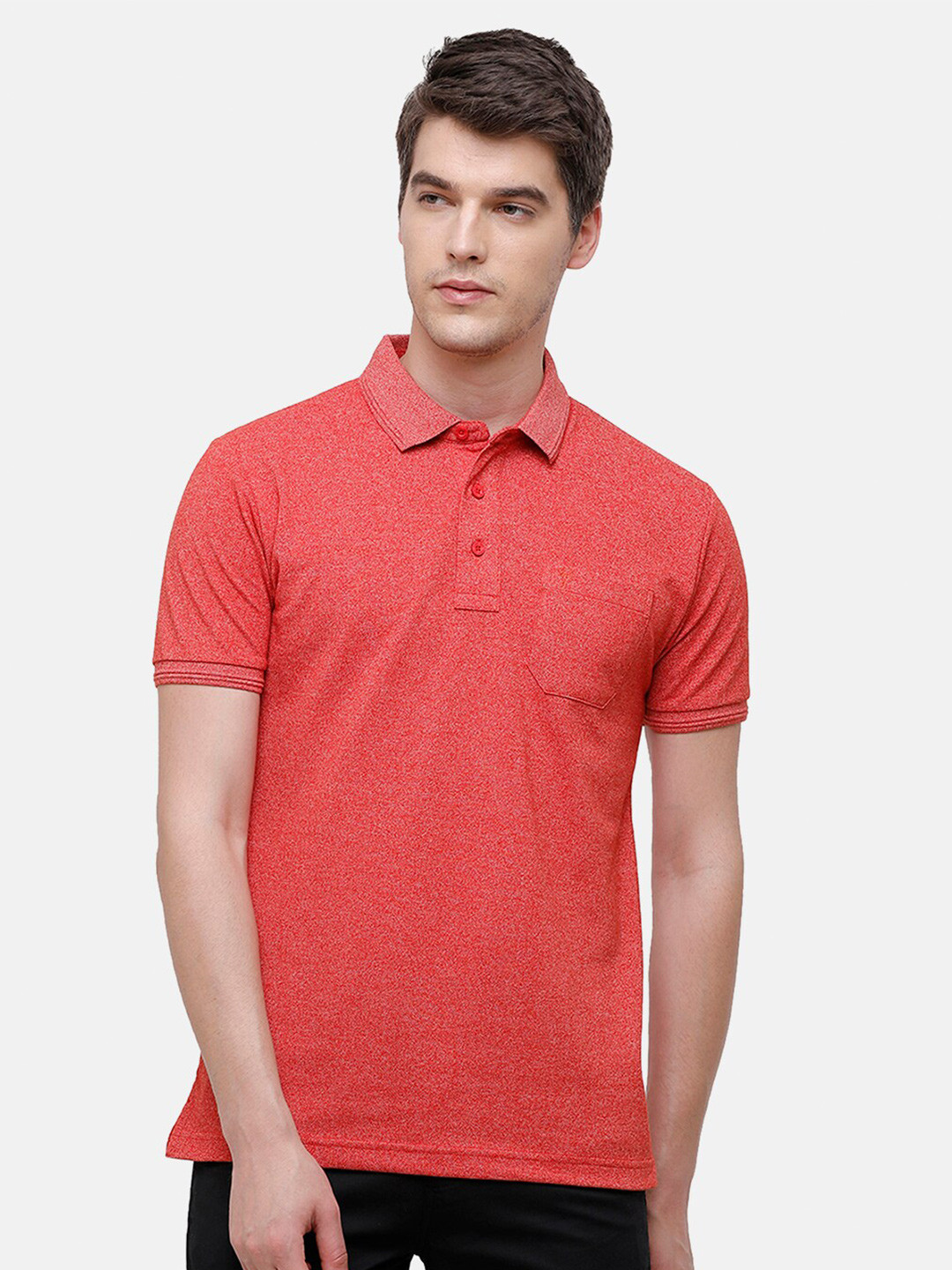 Classic Polo Men Peach-Coloured Polo Collar Pockets Slim Fit T-shirt