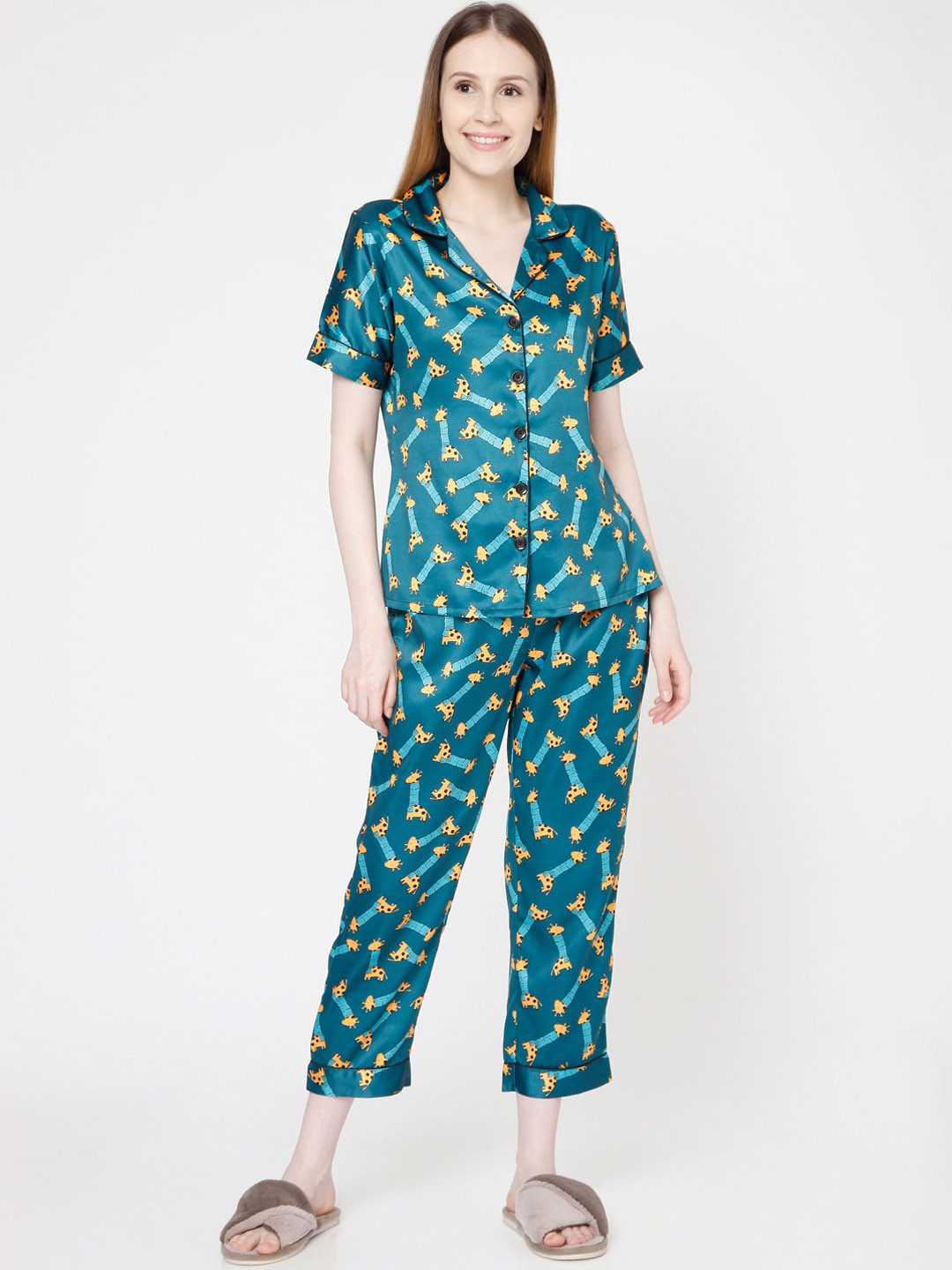 Smarty Pants Women Green & Yellow Printed Night suit