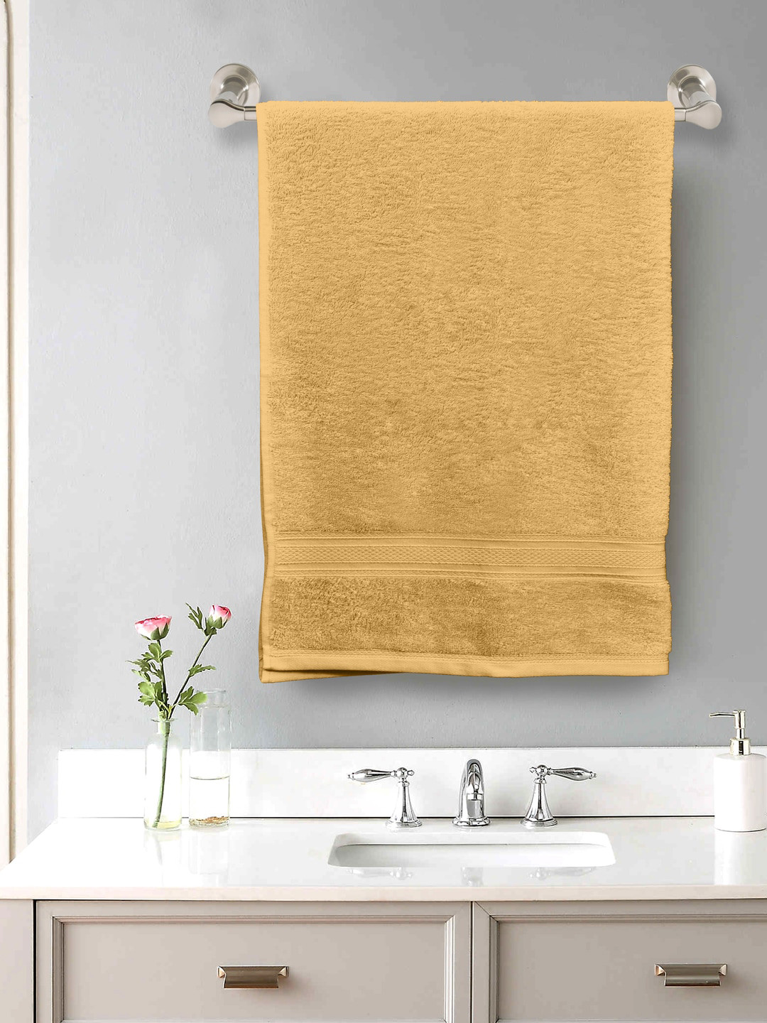 Home Fresh Gold Solid Pure Cotton 550GSM Super Soft Adult Regular Bath Towel-59x30In