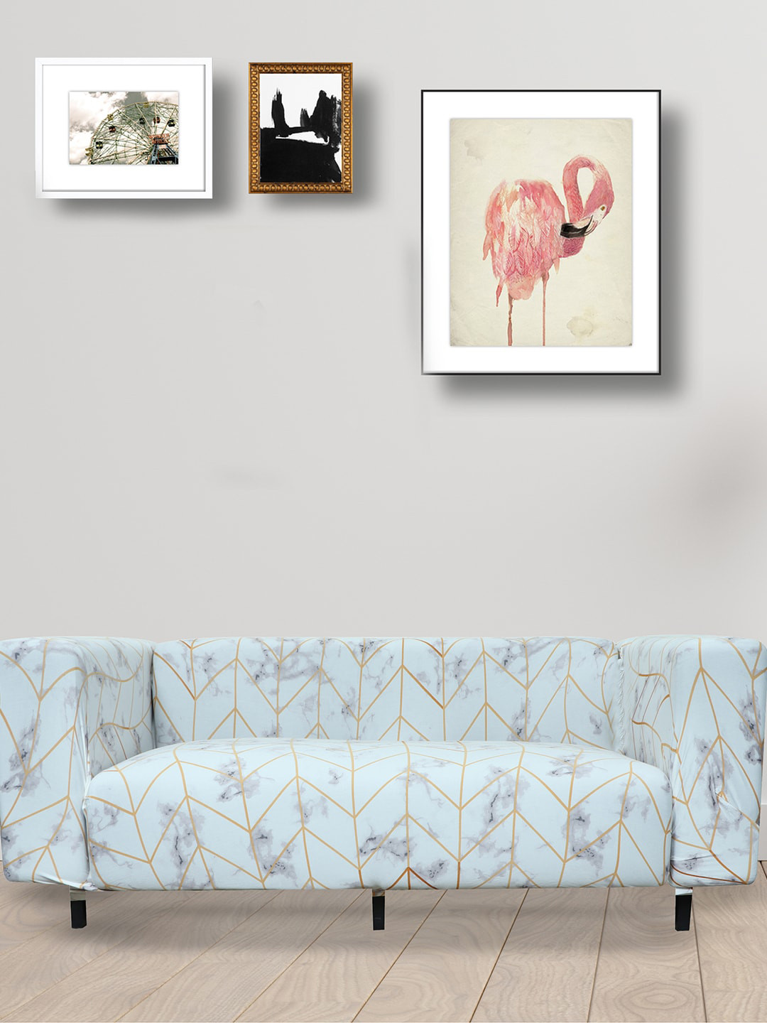 HOUSE OF QUIRK Unisex White & Gold Printed Triple Seater Stretchable Non-Slip Sofa Slipcover