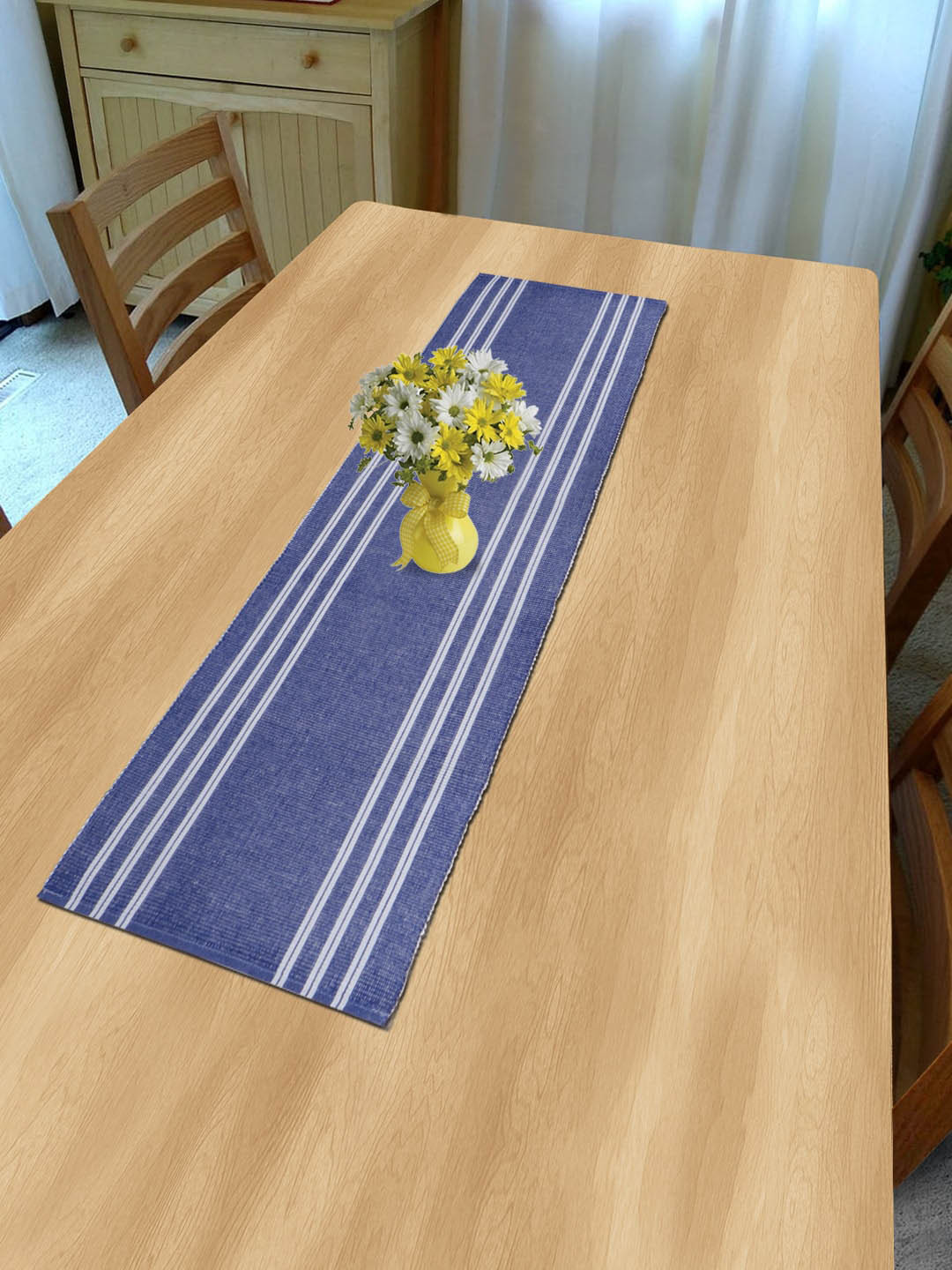 HOKIPO Blue Cotton Striped 4 Seater Table Runner
