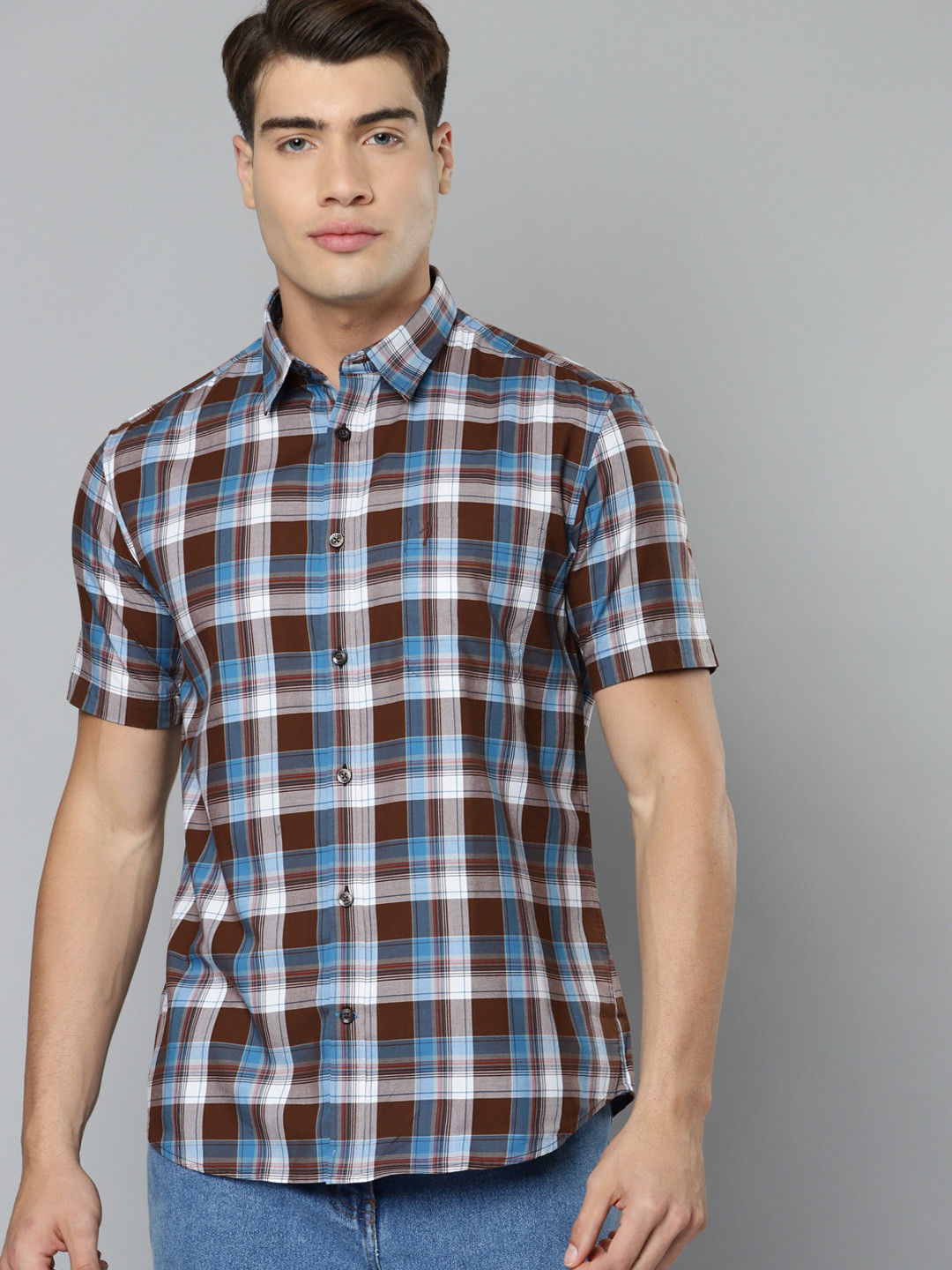 Indian Terrain Men Brown & Blue Pure Cotton Slim Fit Tartan Checks Casual Shirt