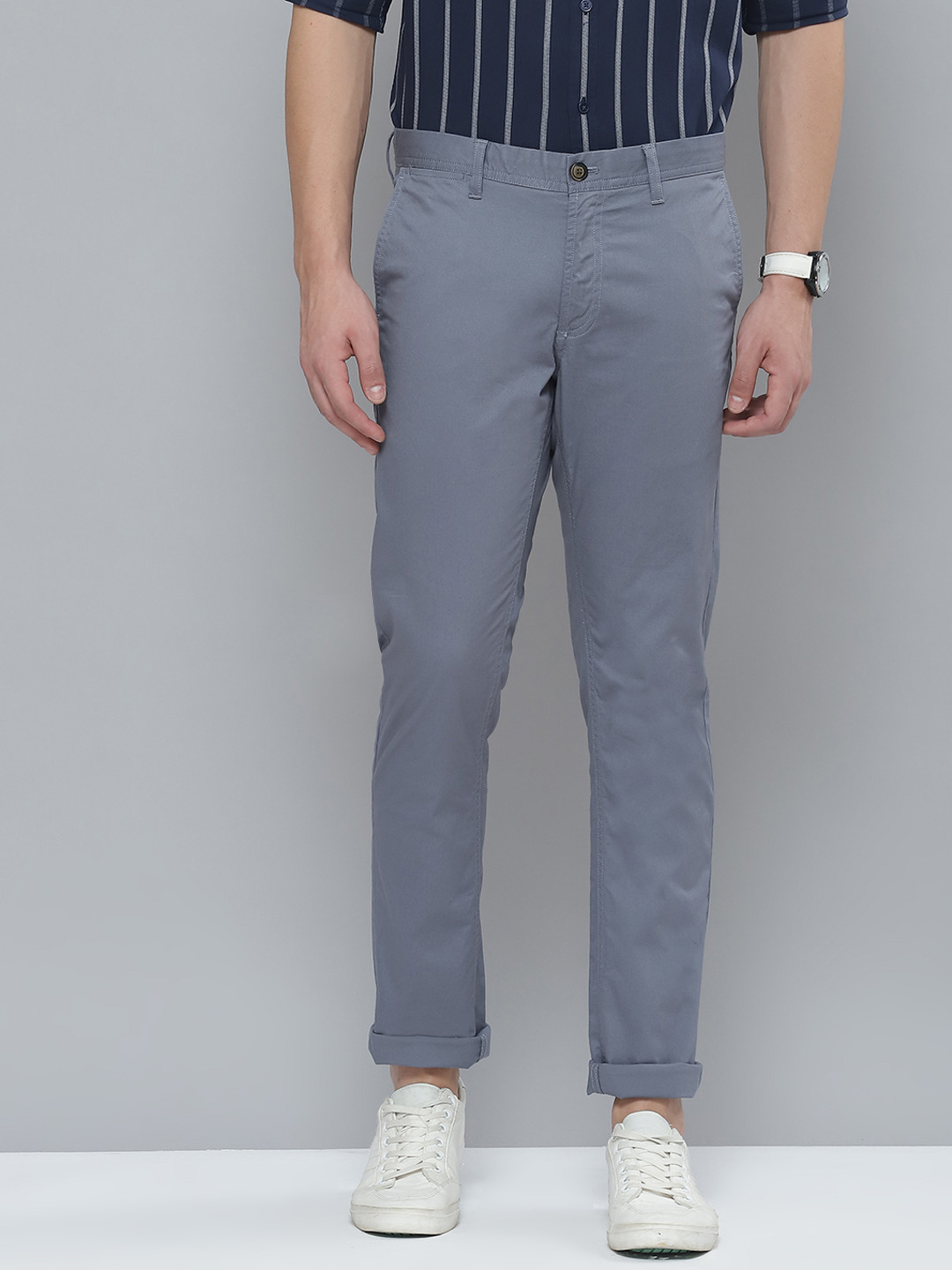Indian Terrain Men Blue Solid Slim Fit Trousers
