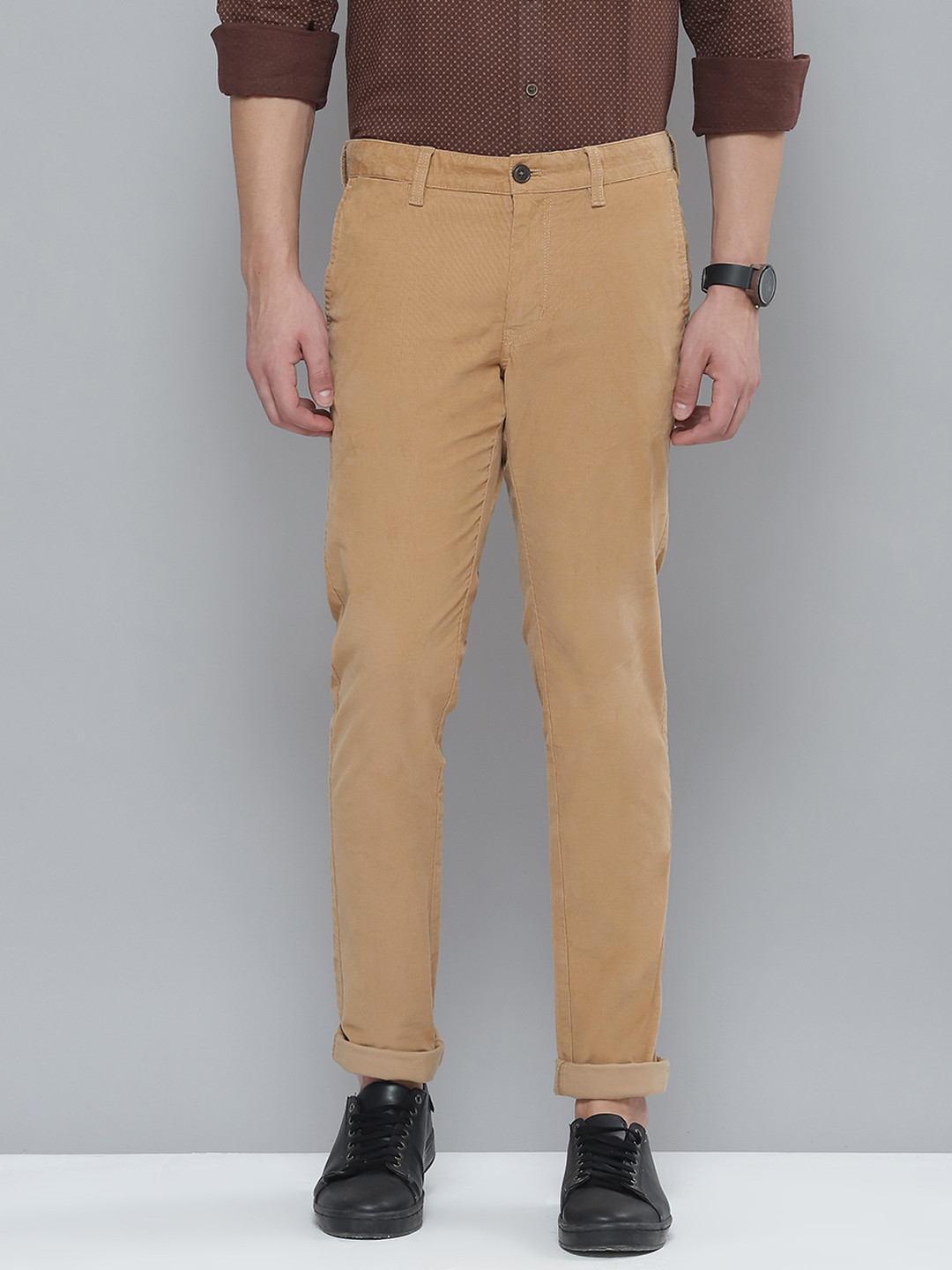 Indian Terrain Men Camel Brown Solid Slim Fit Trousers