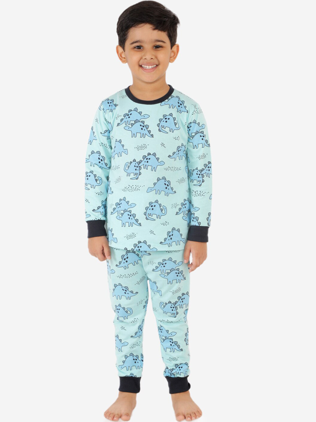 Lazy Shark Boys Turquoise Blue & Black Dinosaur Printed Night Suit