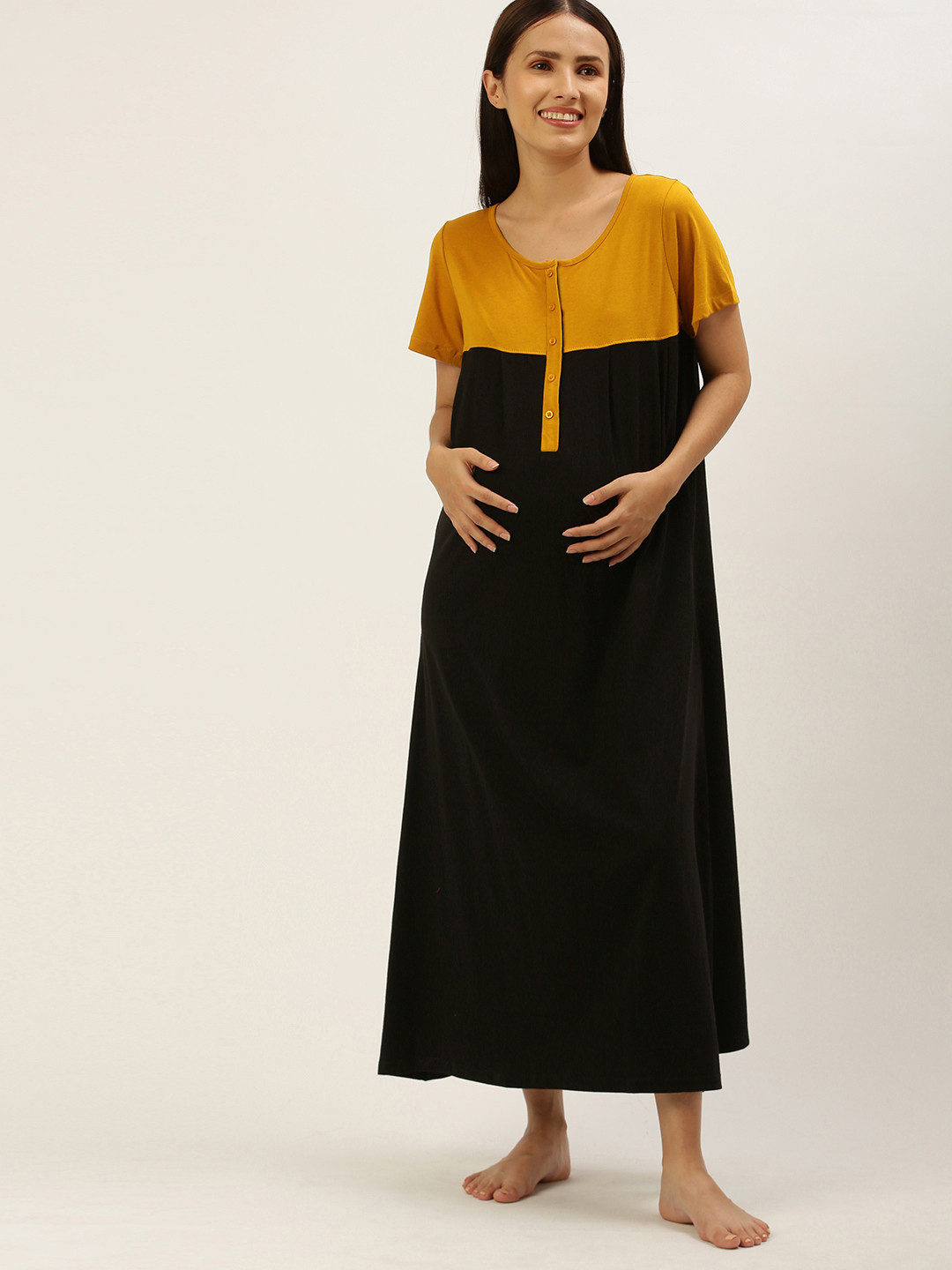 Nejo Mustard Yellow & Black Colourblocked Maternity A-Line Midi Dress