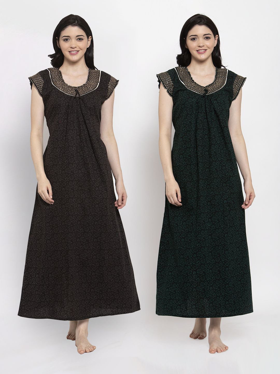 Secret Wish Pack Of 2 Green & Black Printed Pure Cotton Maxi Nightdress