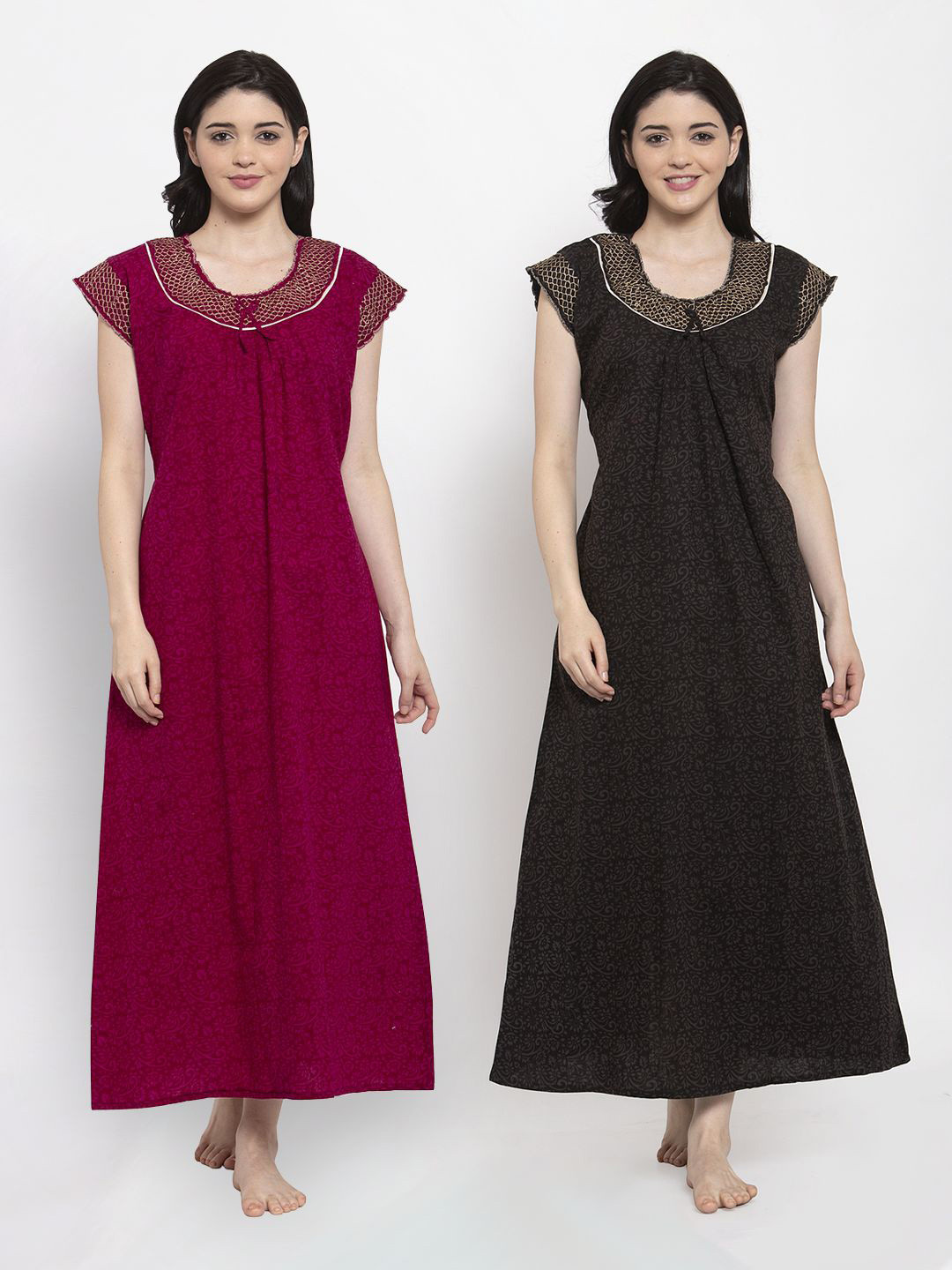 Secret Wish Pack of 2 Maroon & Coffee Brown Printed Pure Cotton Maxi Nightdress