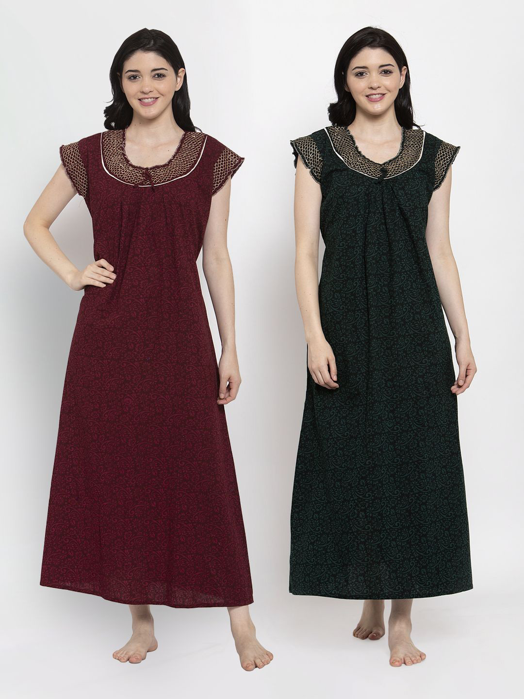 Secret Wish Women Cotton Brown & Green Pack Of 2 Floral Printed Maxi Nightdress