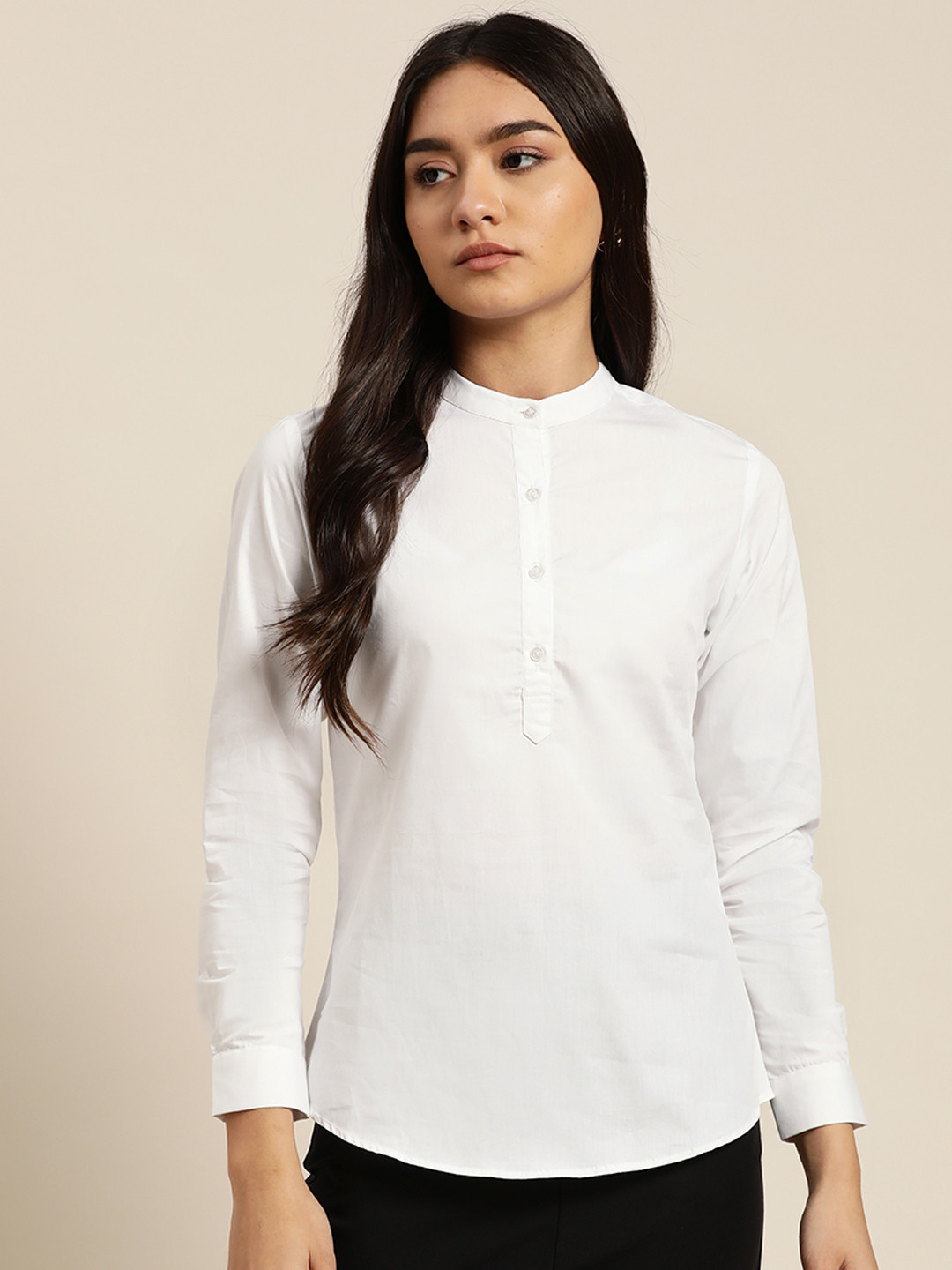 Hancock White Mandarin Collar Shirt Style Cotton Formal Top