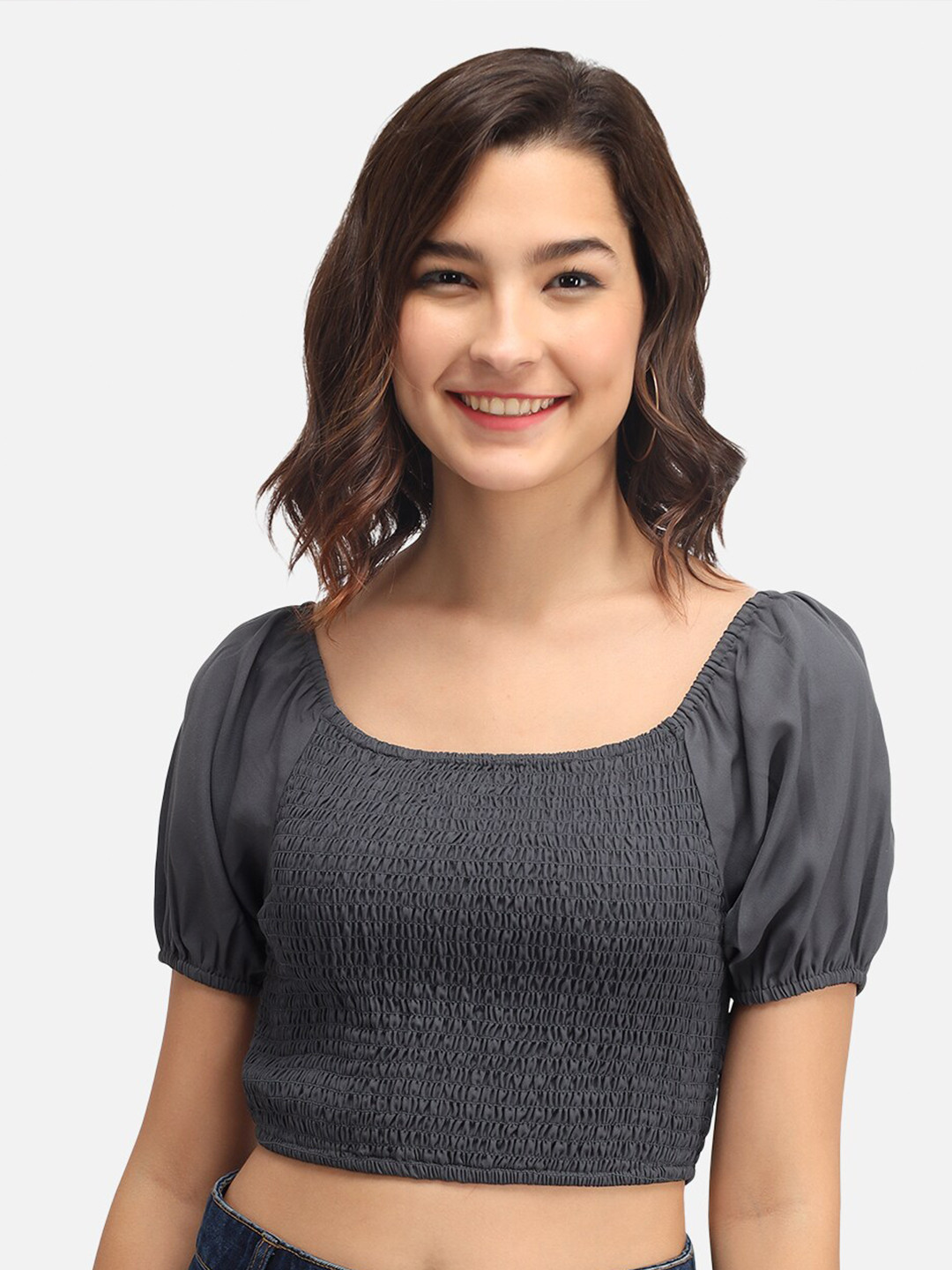 Trend Arrest Grey Smocked Crepe Regular Crop Top