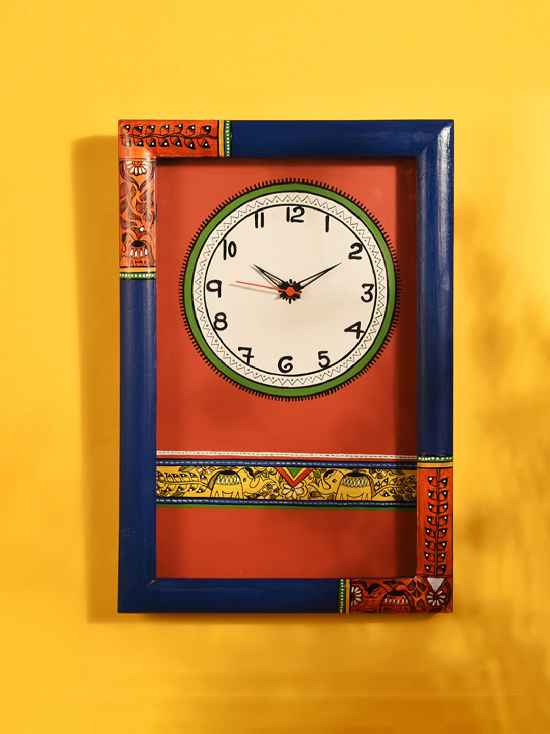 AAKRITI ART CREATIONS Blue & Red Madhubani Art Printed Rectangle Analogue Wall Clock