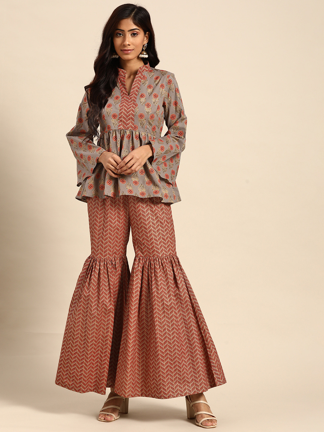 MABISH by Sonal Jain Women Taupe & Red Printed Tunic with Sharara