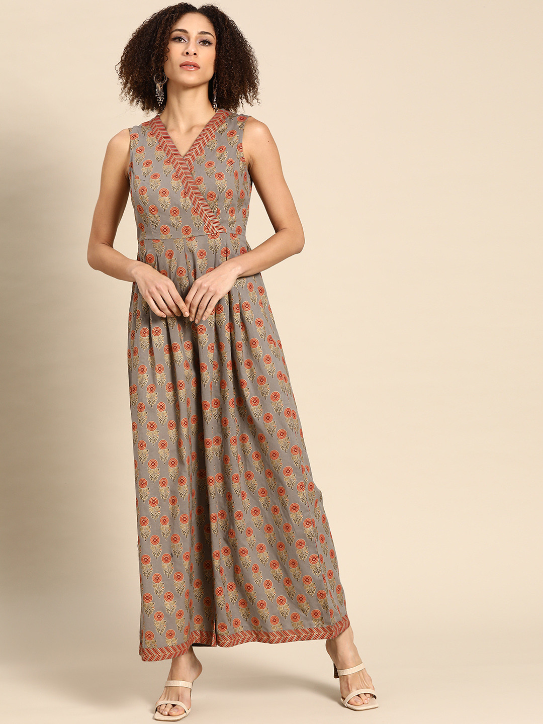 MABISH by Sonal Jain Grey & Rust Orange Printed Kalidar Jumpsuit