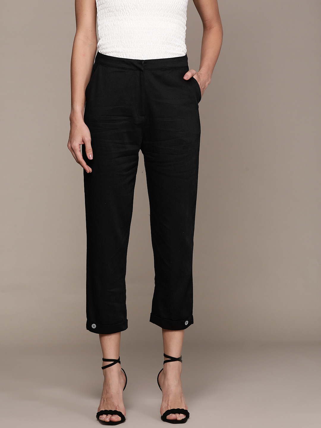 Ritu Kumar Women Black Straight Fit Easy Wash Cigerette Trousers