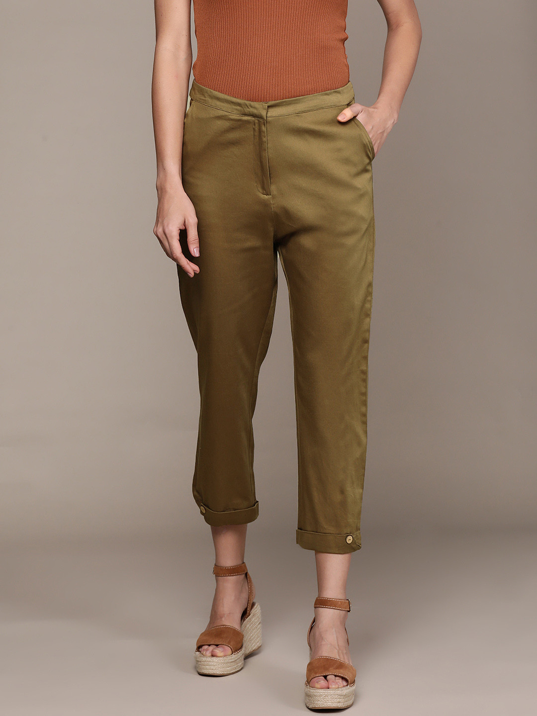 Ritu Kumar Women Olive Green Straight Fit Easy Wash Cigerette Trousers