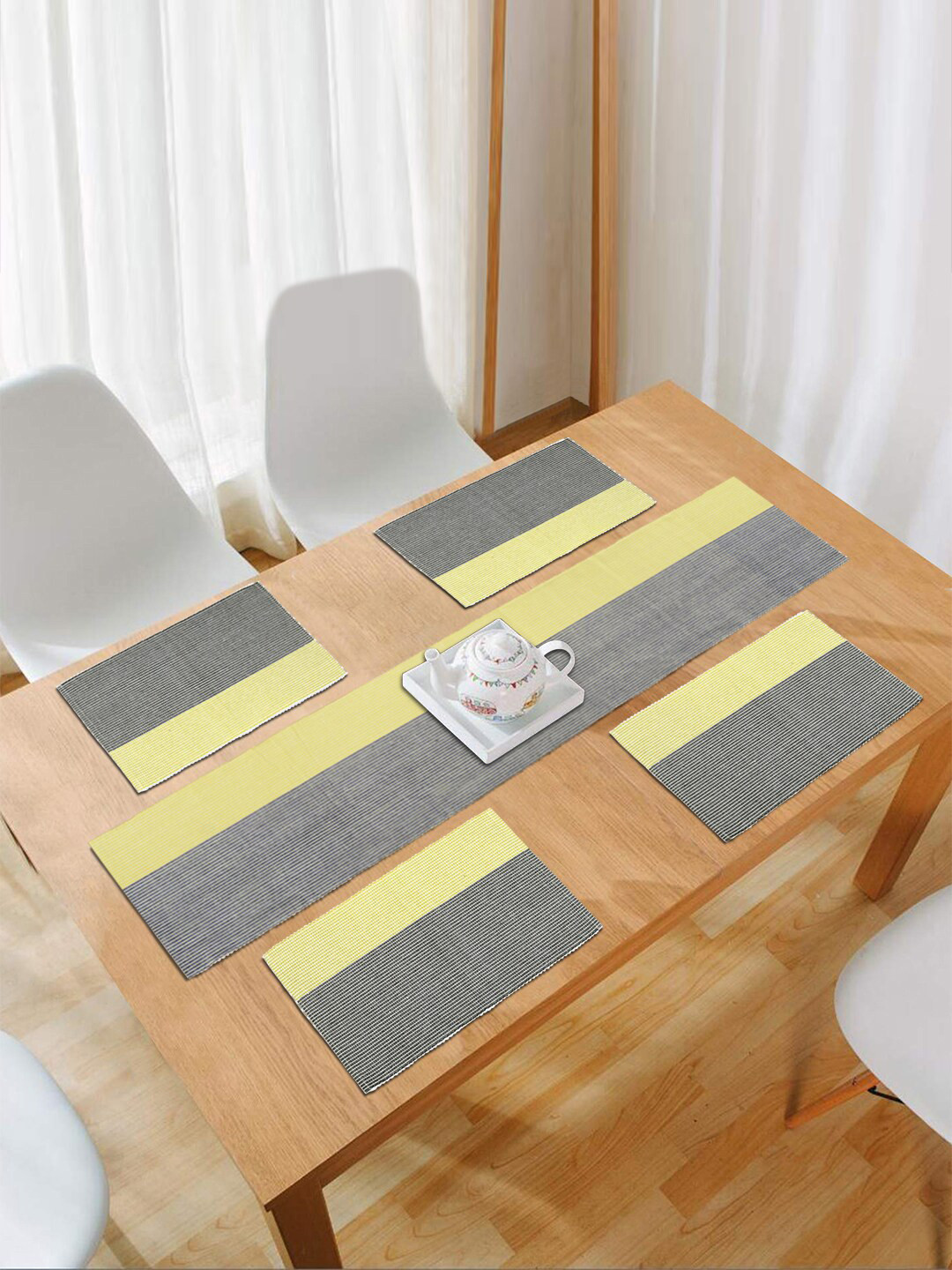 HOKIPO Cotton Ribbed Heat Resistant 5 Pieces Table Mats with Runner