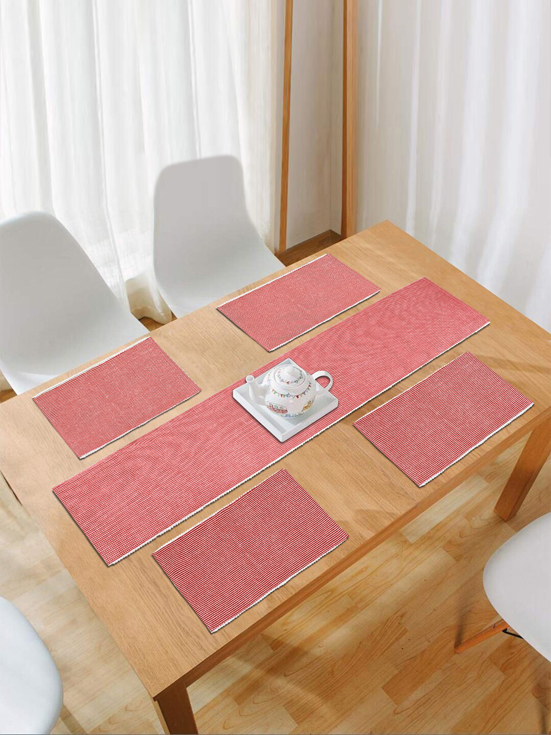 HOKIPO Red Cotton Ribbed Heat Resistant 5 Pieces Table Mats with Runner