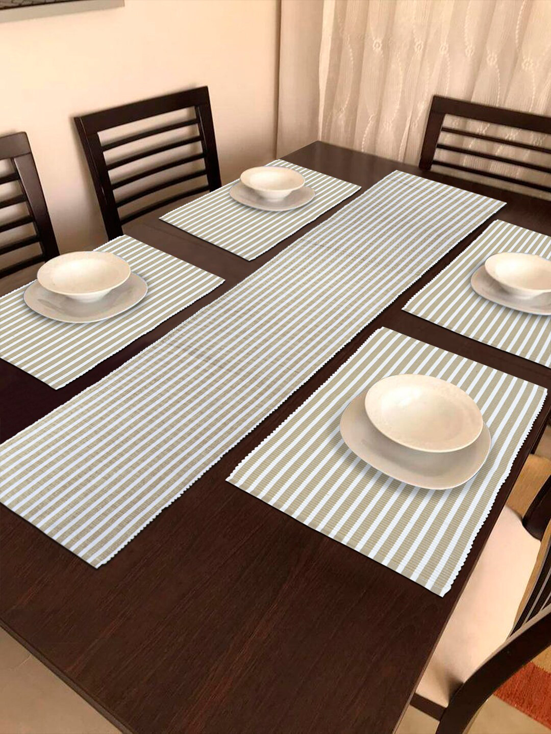 HOKIPO Brown Cotton Ribbed Heat Resistant 5 Pieces Table Mats with Runner