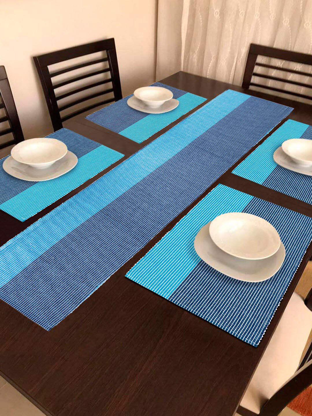 HOKIPO Blue Cotton Ribbed Washable 5 Pieces Table Mats with Runner