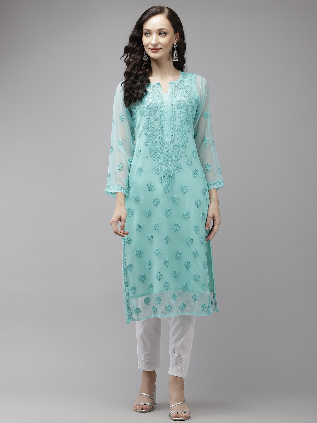 ADA Women Sea Green Embroidered Regular Chikankari Handloom Kurta with Trousers