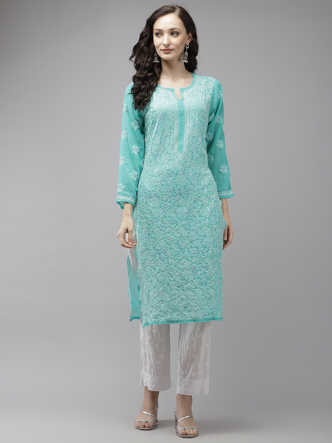 ADA Women Sea Green Embroidered Regular Chikankari Handloom Kurta with Palazzos