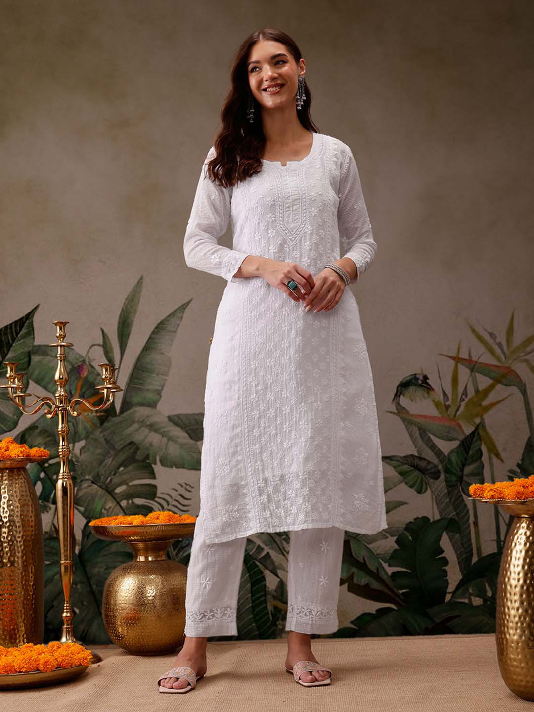 ADA Women White Embroidered Regular Chikankari Kota Kurta with Palazzos