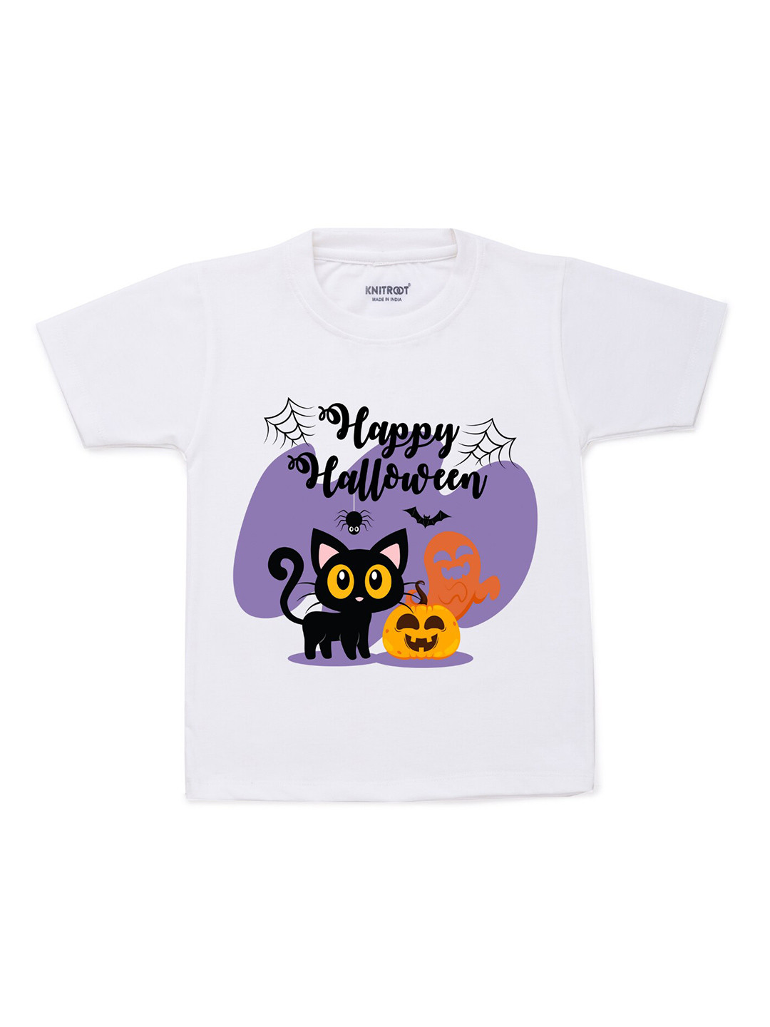 KNITROOT Unisex Kids White & Purple Happy Halloween Printed Cotton T-shirt