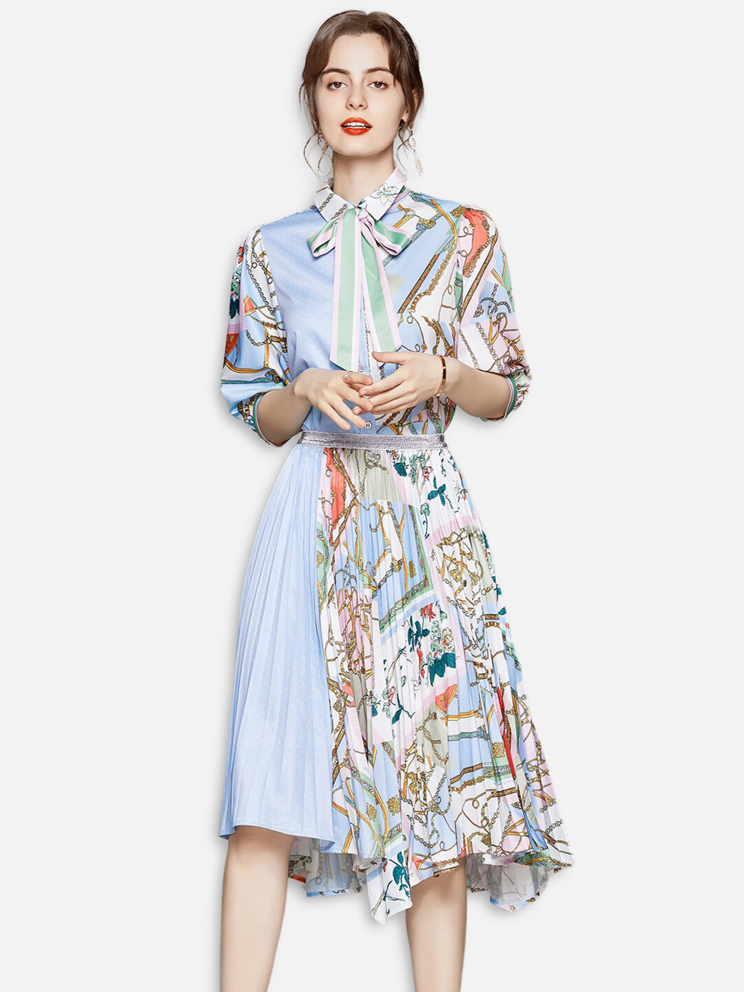 JC Collection Women Blue & Pink Printed Top with Skirt