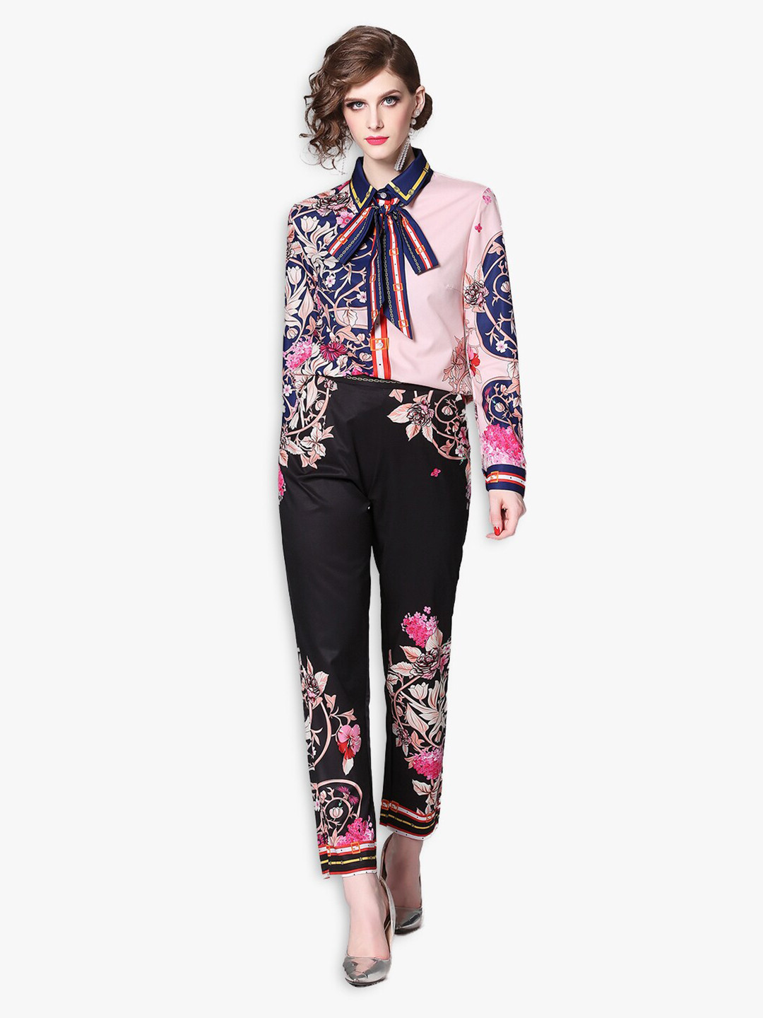 JC Collection Women Pink & Black Printed Shirt with Trousers