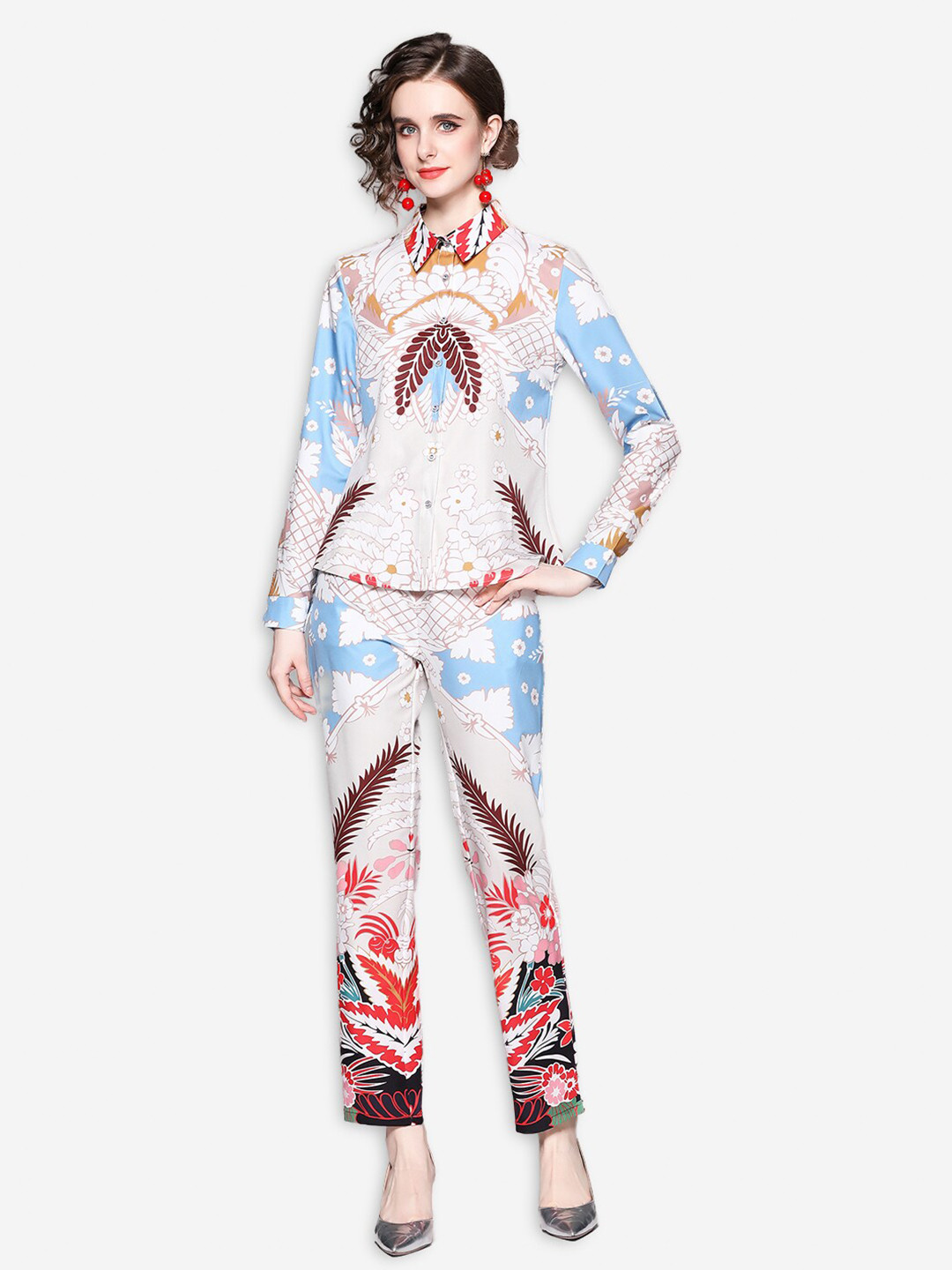 JC Collection Women White & Turquoise Blue Printed Shirt with Pyjamas