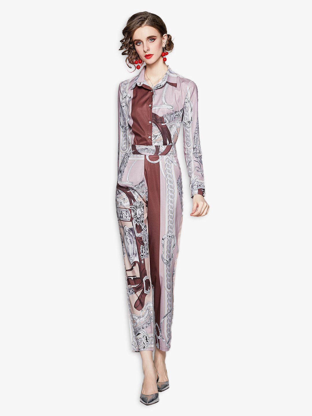 JC Collection Women Pink & Brown Printed Shirt with Trousers