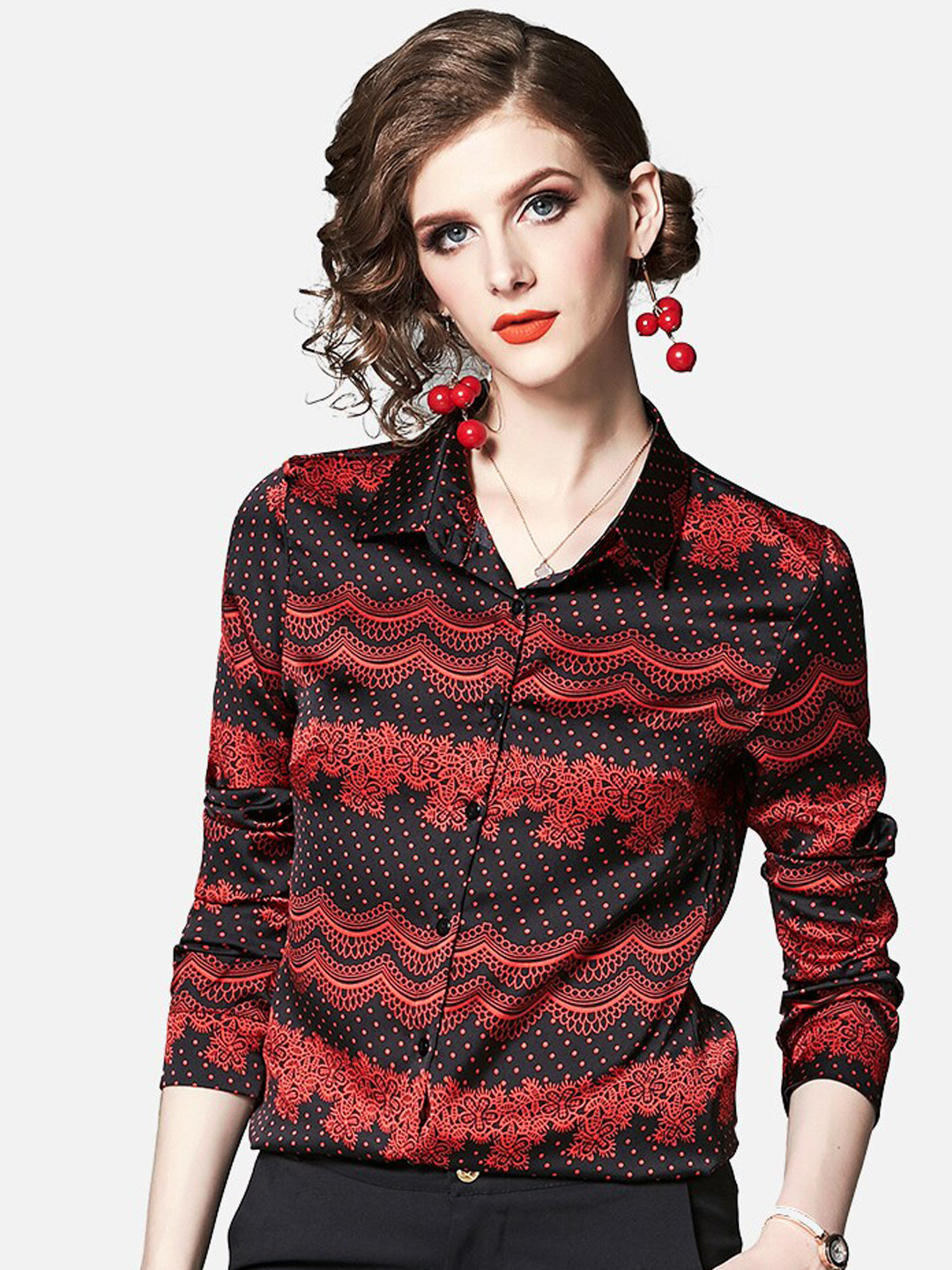 JC Collection Women Red Opaque Printed Casual Shirt